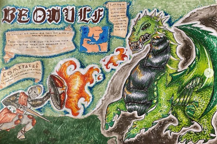 Beowulf one-pager with showing of man fighting a dragon (One-Pager Examples)